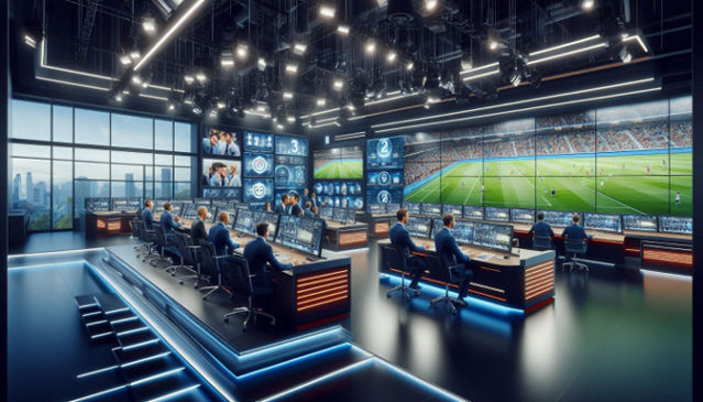 A lively sports studio with broadcasters analyzing game footage on advanced interactive screens.